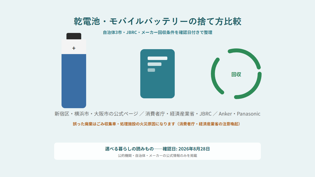 乾電池・モバイルバッテリー・回収リサイクルのアイコンイラスト、新宿区・横浜市・大阪市の公式情報と消費者庁・経済産業省・JBRC・Anker・Panasonicを参照した資料であることを示す