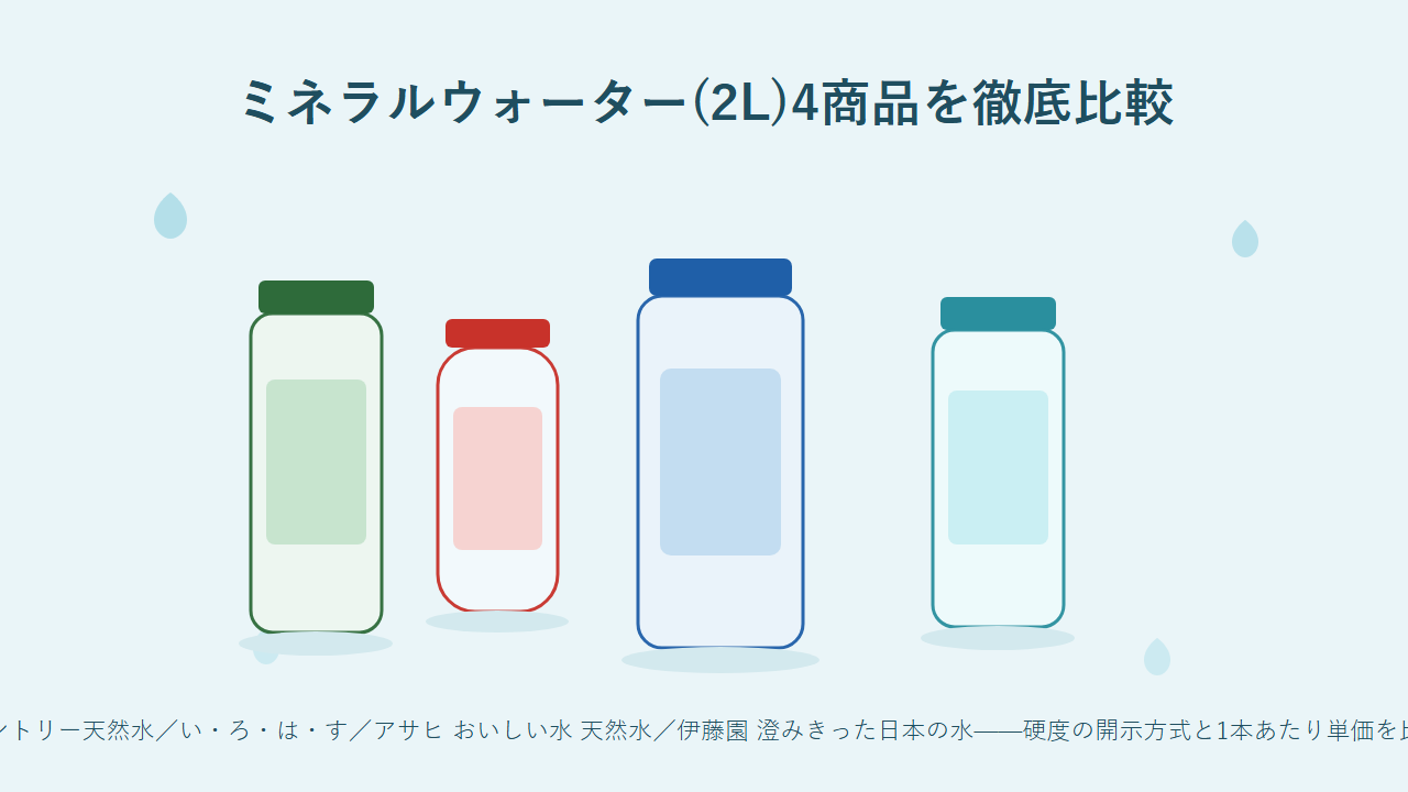 サントリー天然水、い・ろ・は・す、アサヒ おいしい水 天然水、伊藤園 磨かれて澄みきった日本の水の2Lミネラルウォーター4商品比較イラスト。硬度の開示方式が商品によって異なることを示している