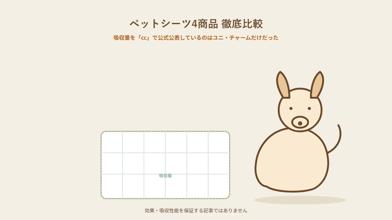ユニ・チャーム、アイリスオーヤマ、Amazonベーシック、P.oneのペットシーツ4商品を比較するイラスト