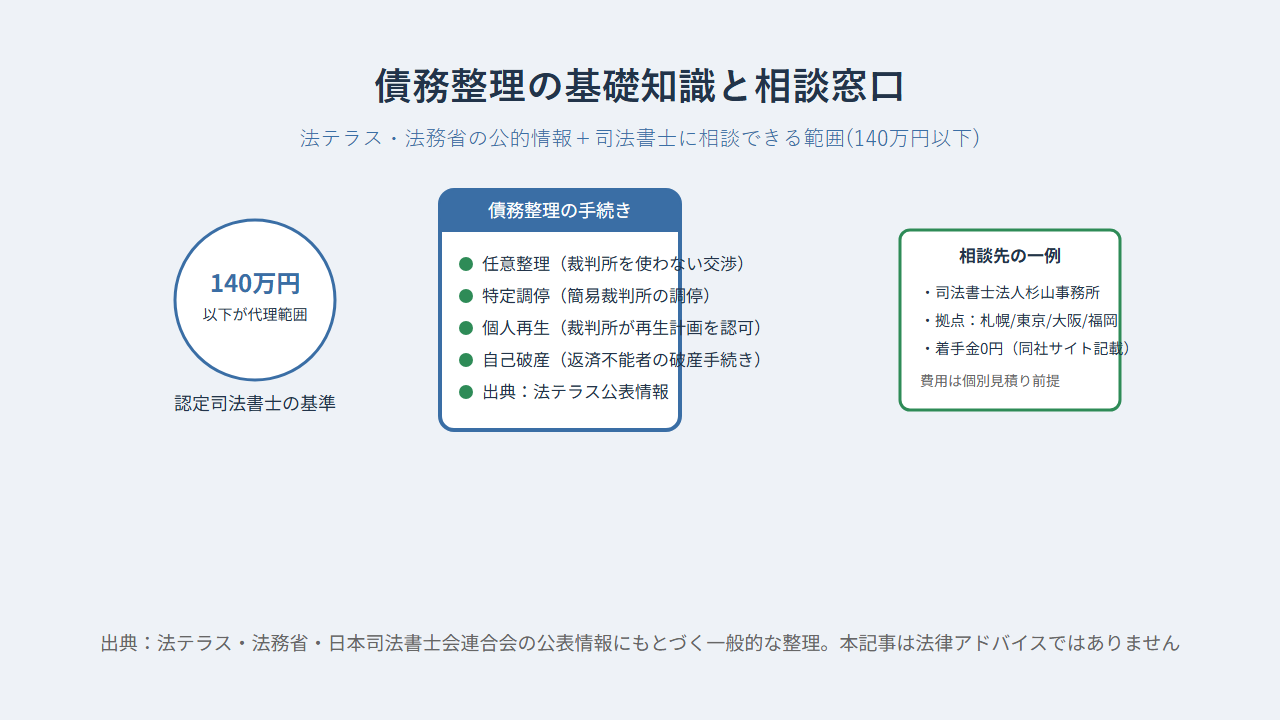 債務整理の基礎知識のイメージイラスト。法テラス・法務省の公的情報と、司法書士に相談できる範囲(140万円以下)の整理を示す